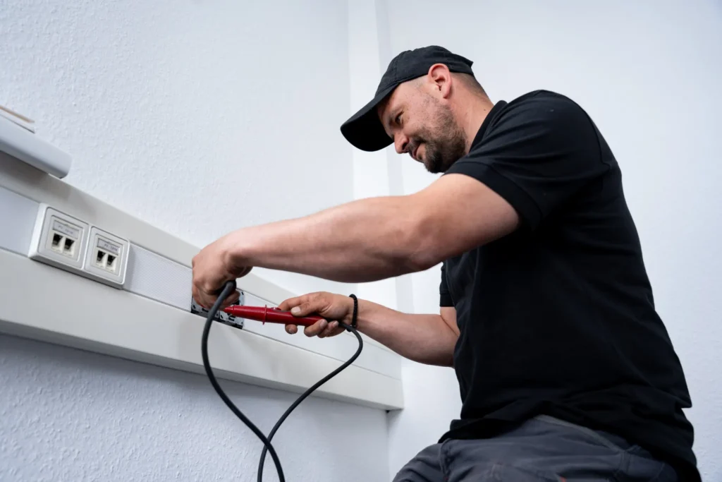 Elektrotechniker bei der fachgerechten Elektroinstallation in Büroräumen – Elektrotechnik -Level Up